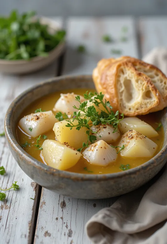 Psarosoupa enriquecida con patata, sopa de pescado servida con AOVE y limón