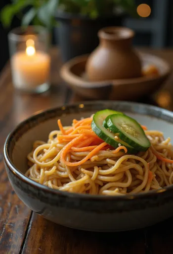 Fideos de arroz con salsa de cacahuete servidos en un bol