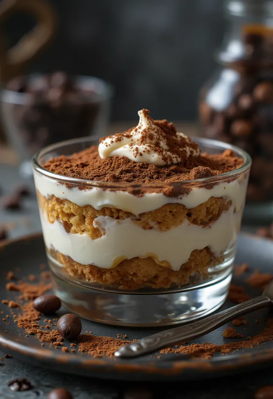 Tiramisú clásico, con capas de bizcochos de soletilla y espolvoreado con cacao