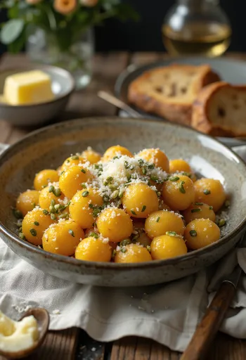 Gnocchi de pipas de calabaza y parmesano servido