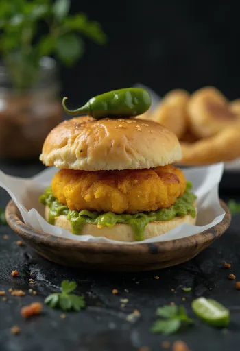 Vada Pav relleno de carne servido en plato