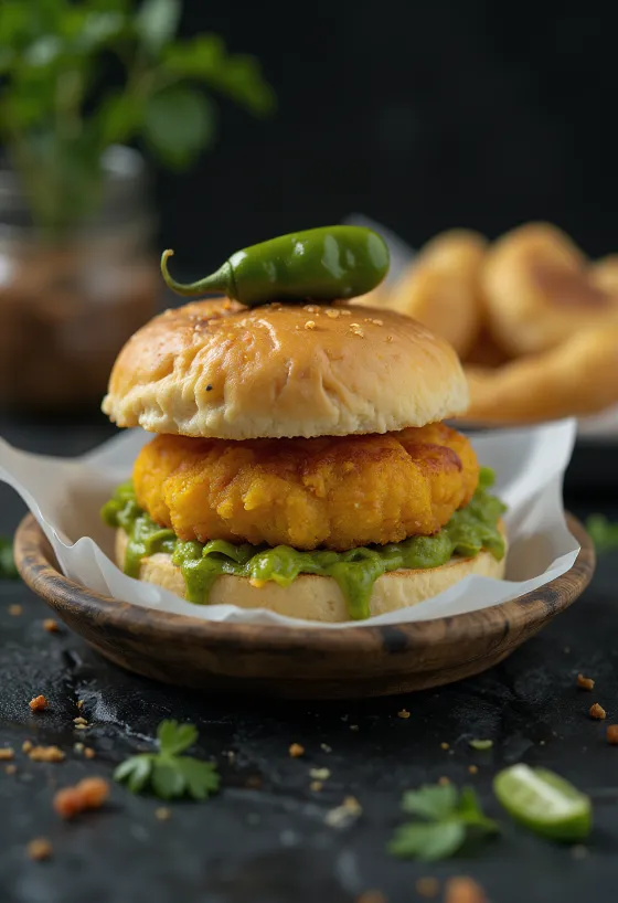 Vada Pav relleno de carne servido en plato