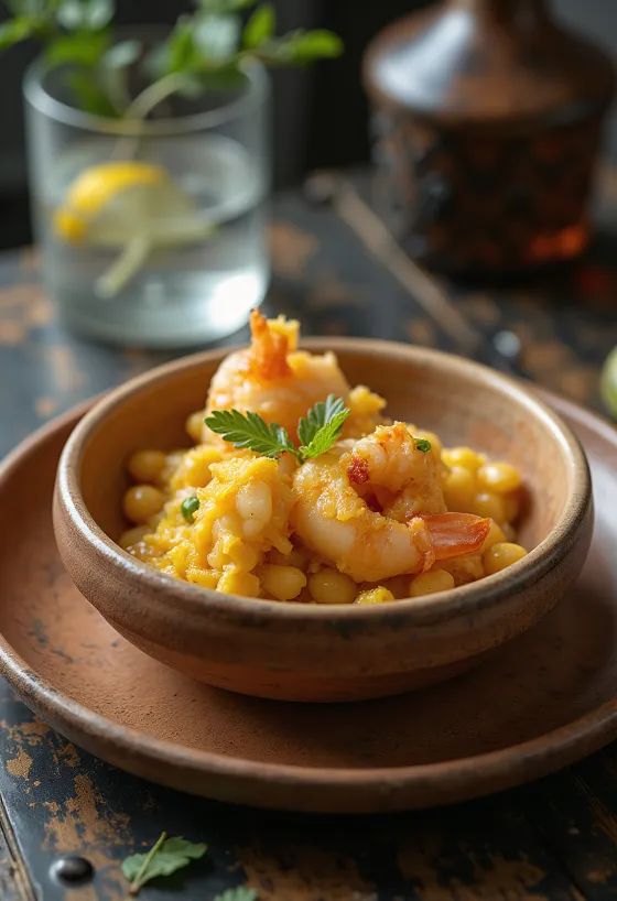 Acarajé con vatapá, plato brasileño crujiente con salsa de coco