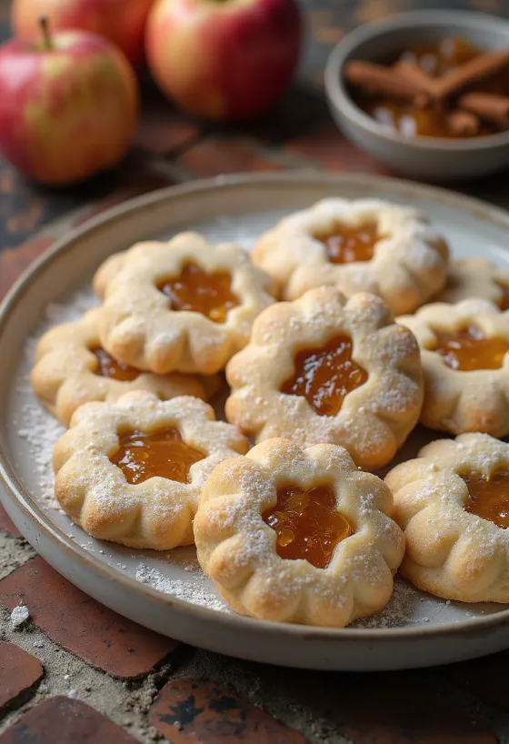 Galletas Linzer rellenas de manzana y canela espolvoreadas con azúcar glas