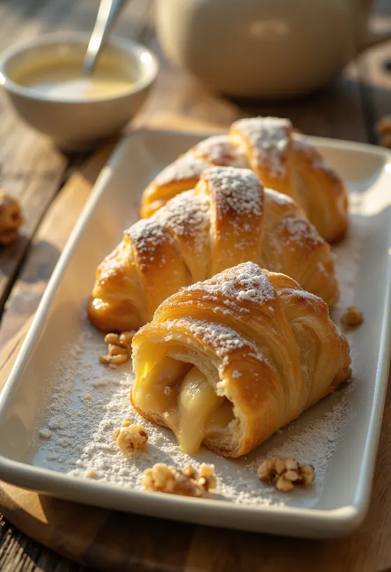 Strudel de manzana crujiente relleno de manzana fresca, espolvoreado con azúcar glas
