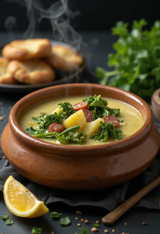 Caldo Verde con zumo de limón, servido con kale fresco y chorizo