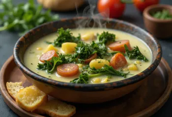Caldo Verde con zumo de limón, servido con kale fresco y chorizo