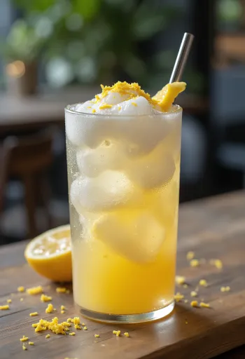 Frappé de limón y jengibre, bebida refrescante decorada con rodaja de limón