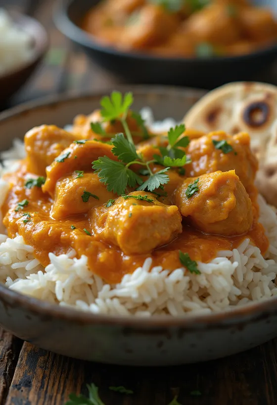 Pollo tikka masala servido con arroz basmati