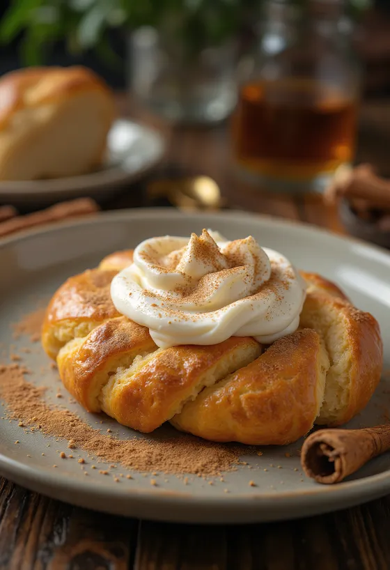 Kanelstang con crema de mantequilla, pastel de canela danés con cremosa crema de mantequilla.
