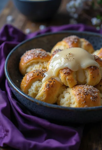 Mákos guba espolvoreado con azúcar glas, servido con natillas