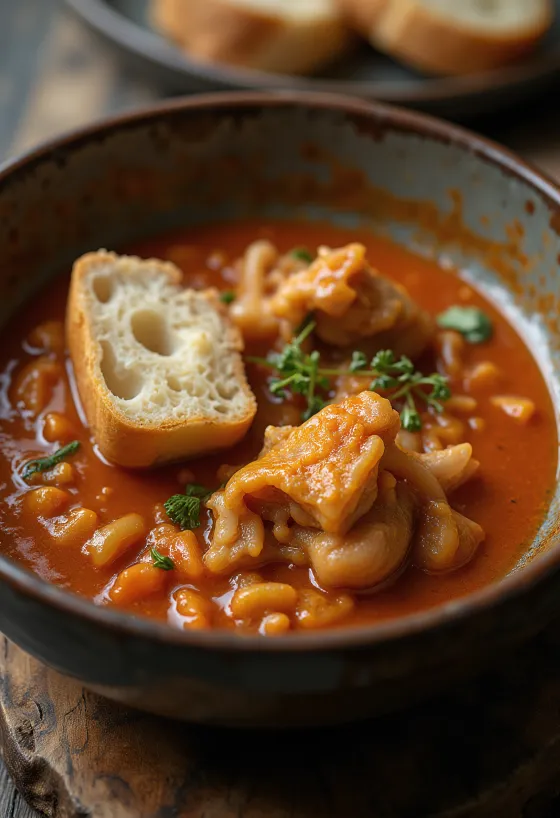 Callos a la húngara con salsa especiada y jugosa, servidos con pan fresco