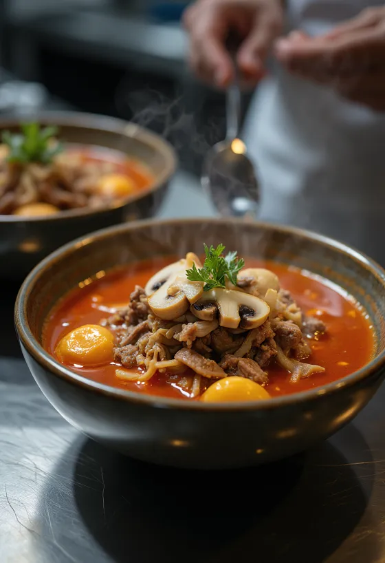 Yukgaejang de Setas Estofadas, sopa coreana de carne con fideos y setas estofadas