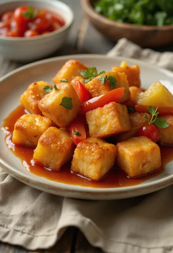 Tofu crujiente con salsa agridulce servido en plato