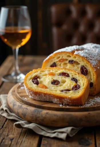 Stollen al vino Tokaji y vainilla en rodajas, espolvoreado con azúcar glas, sobre tabla rústica