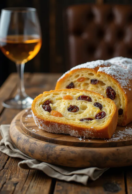 Stollen al vino Tokaji y vainilla en rodajas, espolvoreado con azúcar glas, sobre tabla rústica