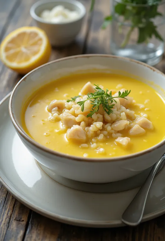 Avgolemono con yema de huevo, sopa de huevo y limón con carne rica y arroz