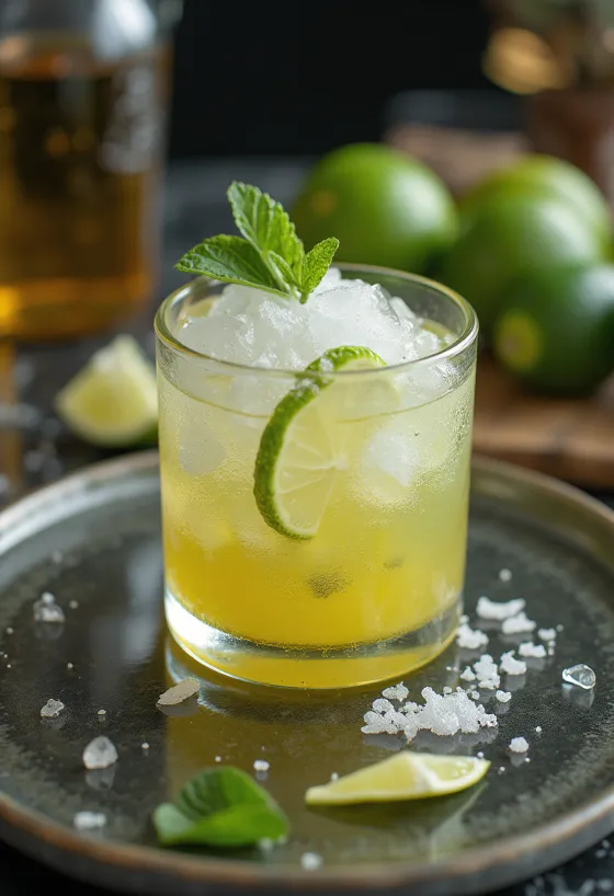 Cóctel Caipirinha con trozos de lima y hielo picado
