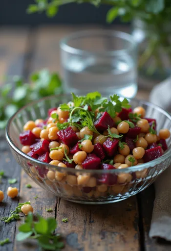 Ensalada de garbanzos y remolacha, servida con rúcula fresca y nueces tostadas.