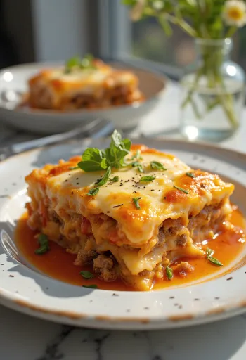 Musaka griega tradicional servida, con capas de berenjena, carne picada y bechamel.