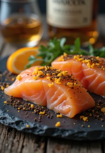 Filete de salmón curado con especias oscuras y piel de naranja