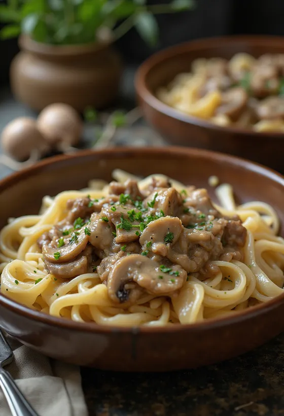 Ternera Stroganoff servida con fideos de arroz
