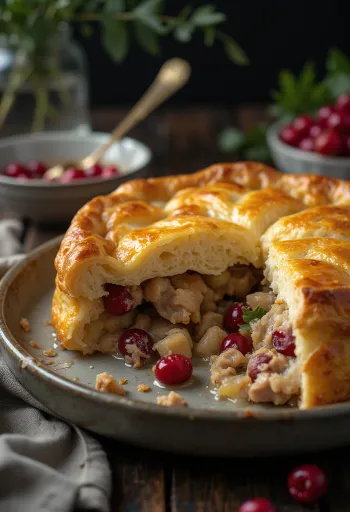 Pot pie de perdiz y arándanos servido en un plato rústico con hojaldre dorado.