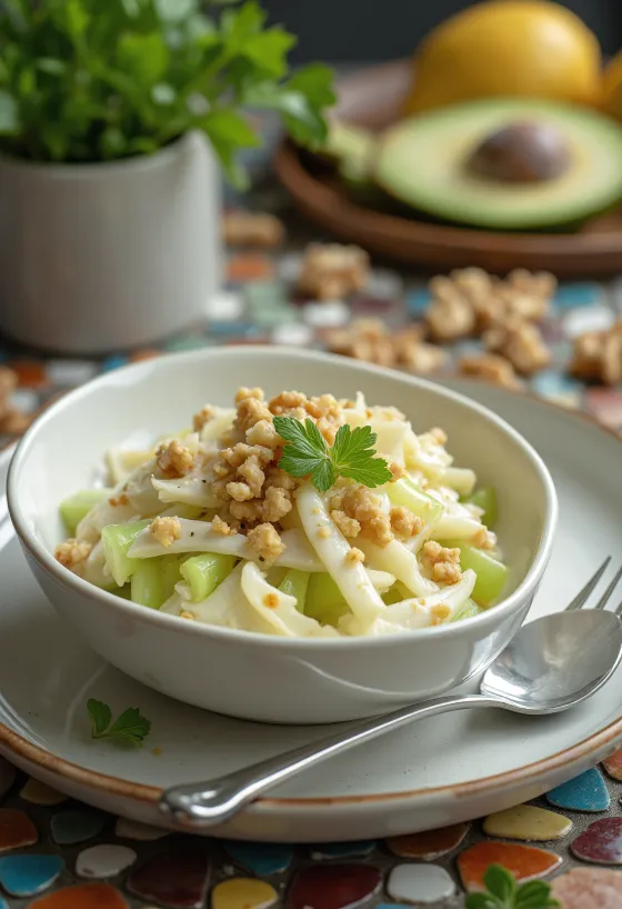 Ensalada crujiente de apio nabo servida