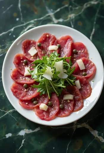 Carpaccio de ciervo decorado con rúcula y Parmesano