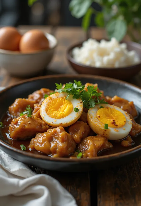 Adobo con huevo servido, pollo y huevo unidos como un plato delicioso.