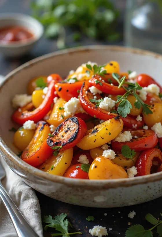 Ensalada de pimientos y feta a la barbacoa servida