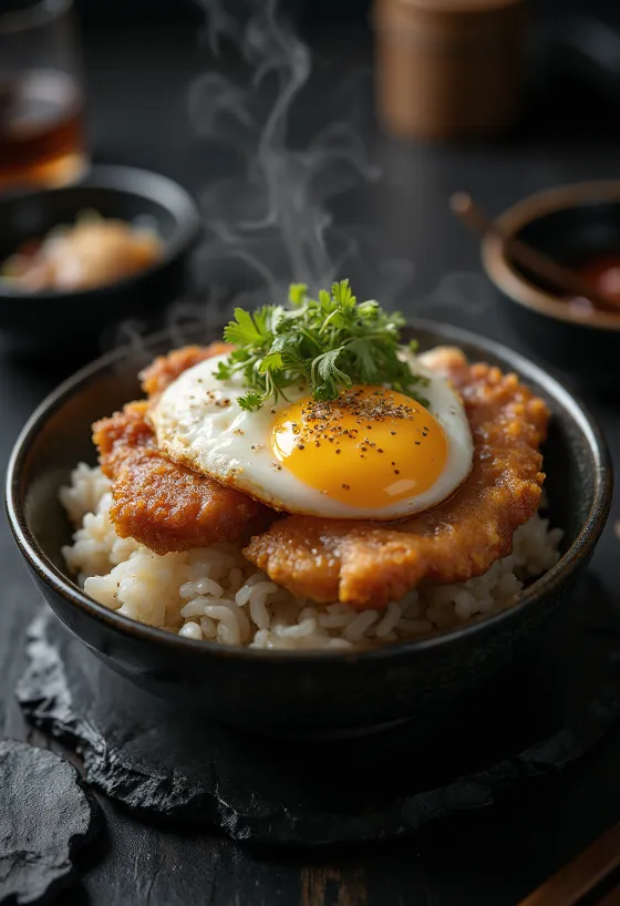 Katsudon servido con cerdo crujiente y cebolleta