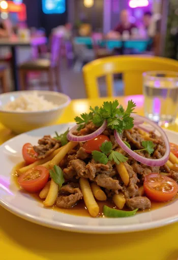 Lomo saltado con lima, plato peruano con ternera, tomate y patatas fritas