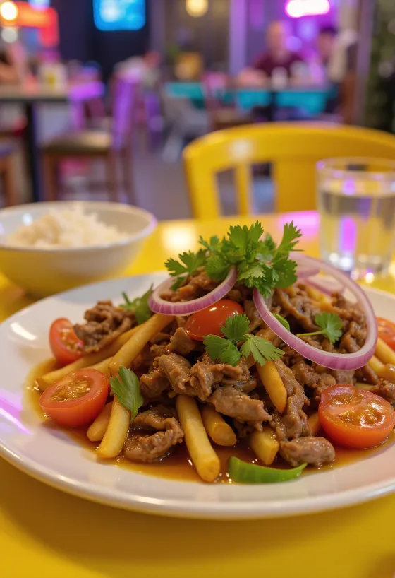Lomo saltado con lima, plato peruano con ternera, tomate y patatas fritas