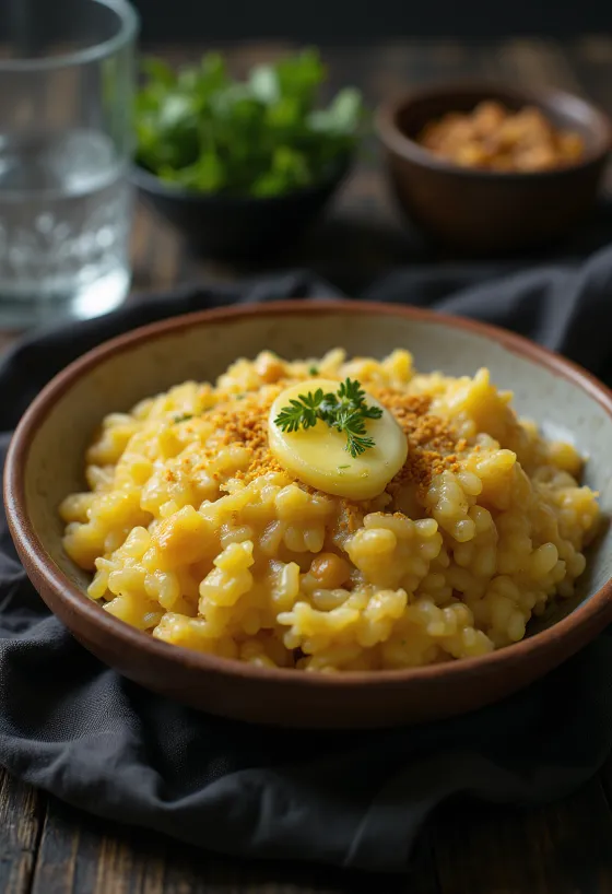 Khichdi de Moong Dal en un bol, decorado con cilantro fresco