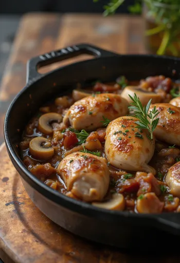 Cazuela de faisán servida en plato rústico con hierbas frescas.