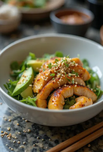 Ensalada fresca con pollo especiado con Togarashi y aguacate