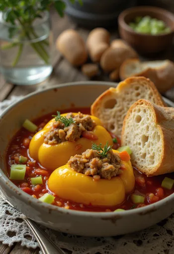 Pimientos rellenos en salsa de tomate, con arroz y carne picada