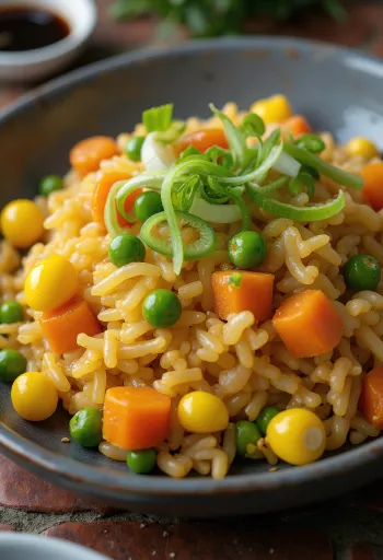 Arroz frito vegano con verduras, servido recién hecho en un wok.