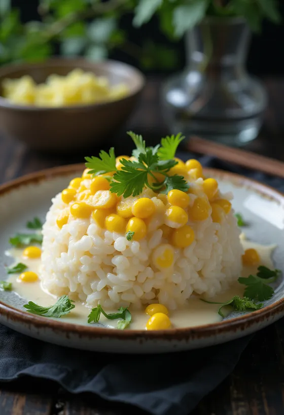 Xôi de maíz con salsa de coco y cilantro fresco