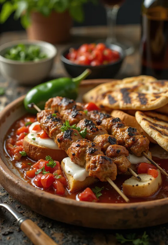 Yoğurtlu Kebab con brochetas de carne a la parrilla, salsa de tomate y yogur