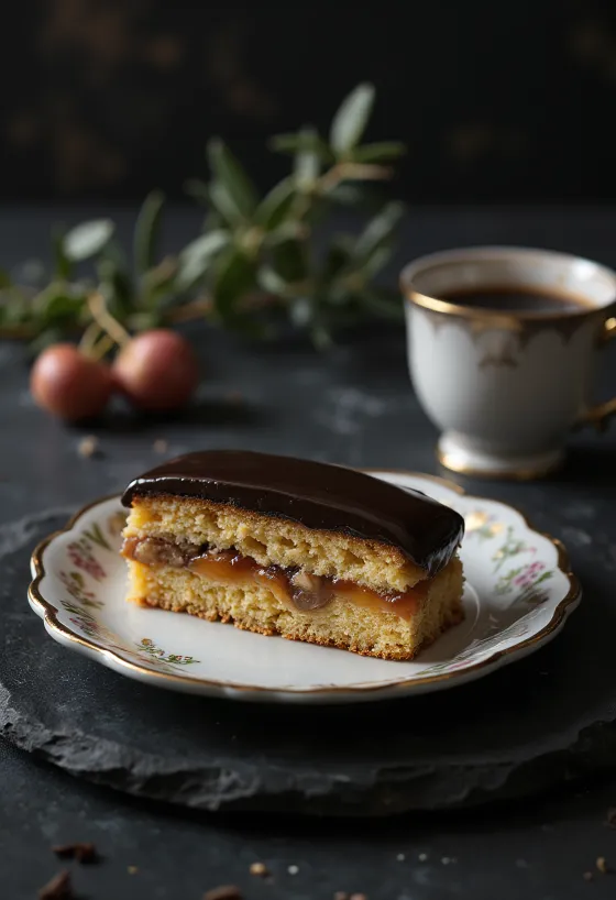Zserbó casero de masa tierna, relleno de nuez y cobertura de chocolate