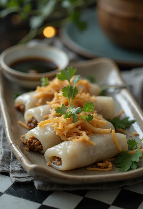 Bánh cuốn con fideos de arroz, deliciosa comida vietnamita con ingredientes frescos