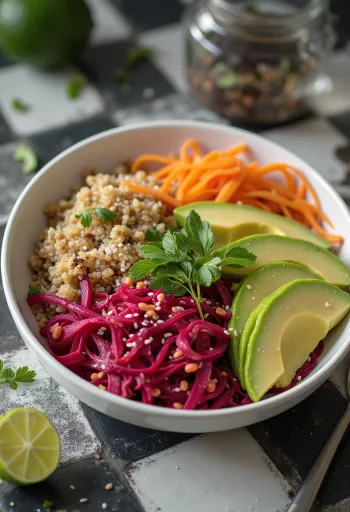 Buddha Bowl de quinoa y remolacha servido con verduras frescas