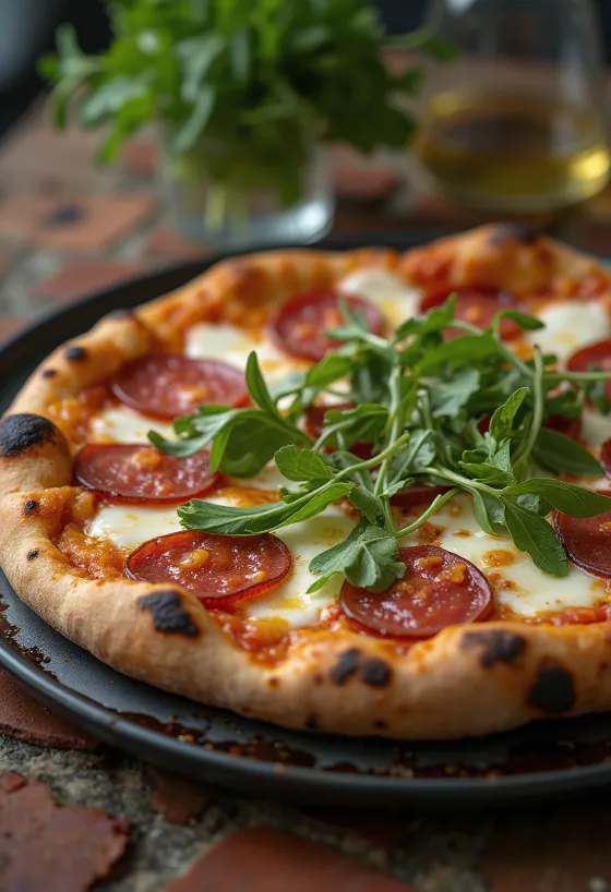 Pizza Diavola con rúcula y salami picante