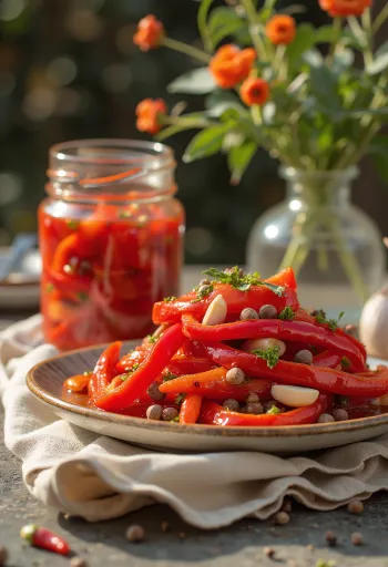 Tiras de pimiento rojo agridulce servidas en un tarro
