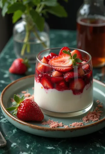 Vasitos de crema de fresa en capas decorados con menta fresca