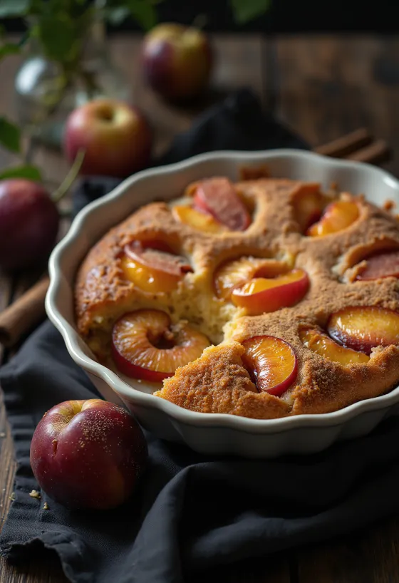 Pastel de ciruelas y canela servido con azúcar glas y canela