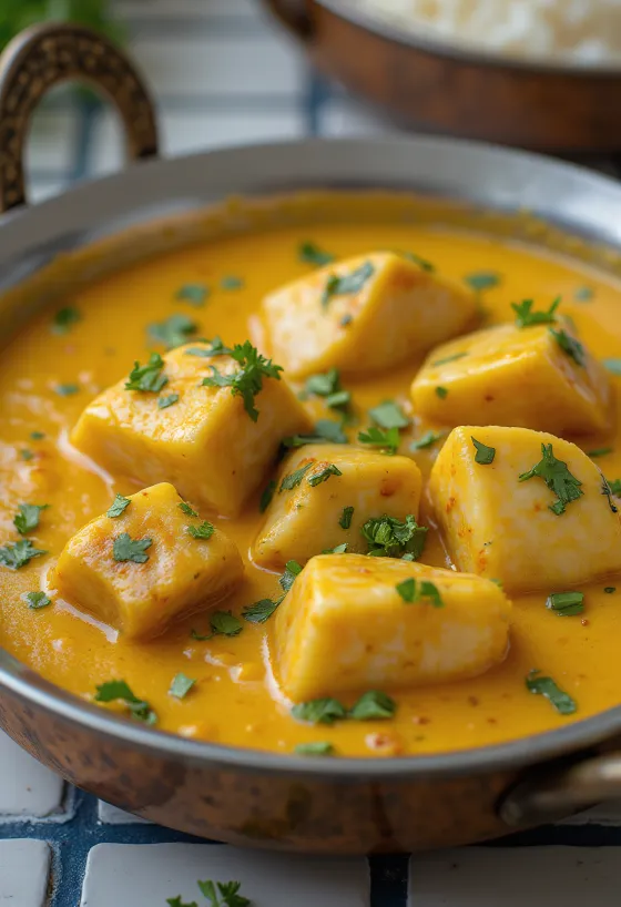 Curry de pescado y cerdo de Kerala servido en base rica de leche de coco
