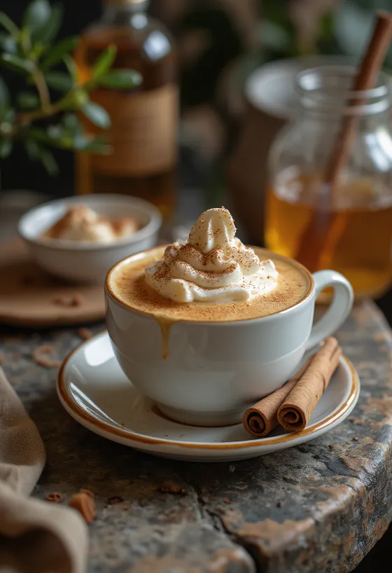 Latte de miel y canela, decorado con nata montada y rama de canela